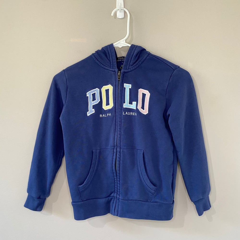 Polo Ralph Lauren Kids Navy Blue Full Zip Hoodie Pastel Logo Sweatshirt Size 7